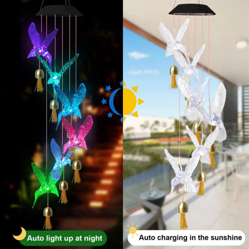 LED Colorful Solar Power Wind Chime Crystal Hummingbird Butterfly Waterproof Outdoor Windchime Solar Light for Garden outdoor Forease