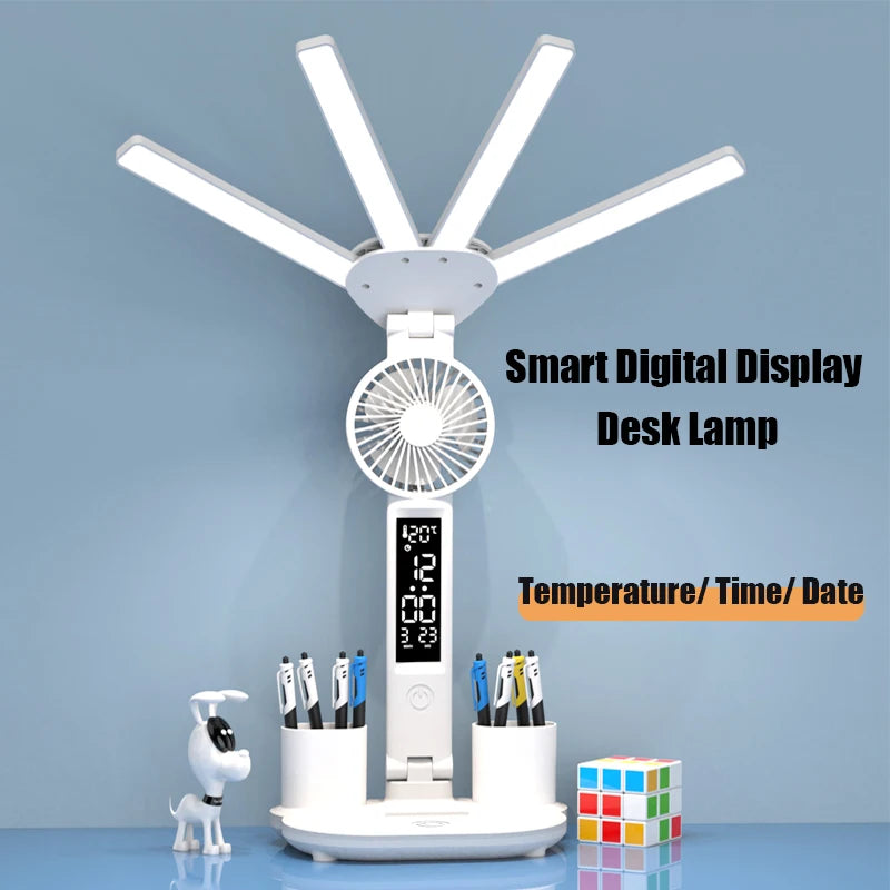 3in1 Multifunction Table Lamp LED Four-headed Folding With Fan Calendar Clock USB Rechargeable Desk light 3 color Reading Lamp Forease