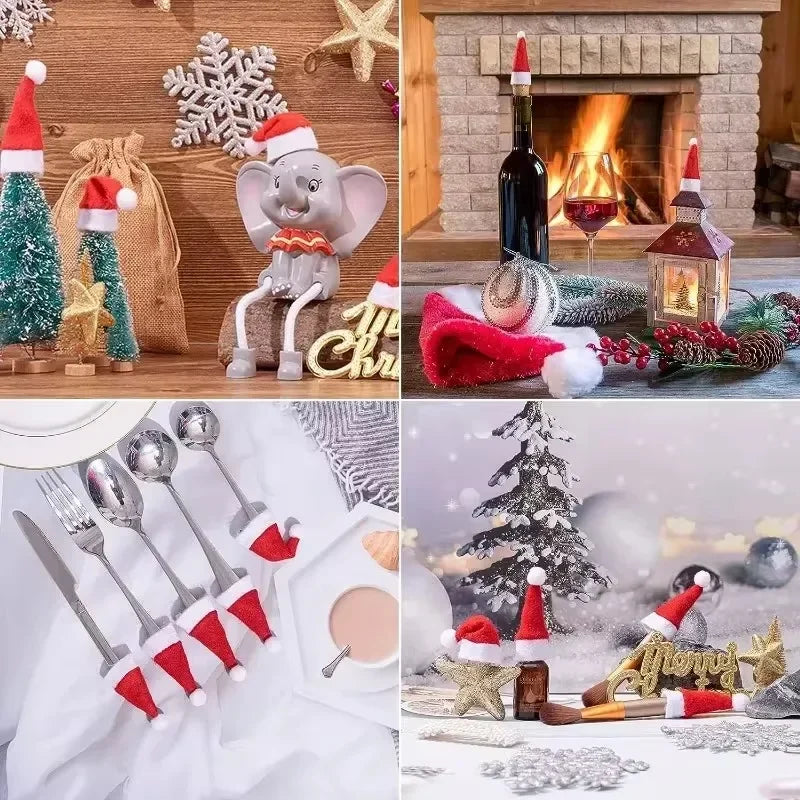 2/200PCS Velvet Mini Santa Hats Wine Bottle Covers Christmas Tableware Holder Lollipop Caps Bottles Bags Xmas Home Party Decor Forease