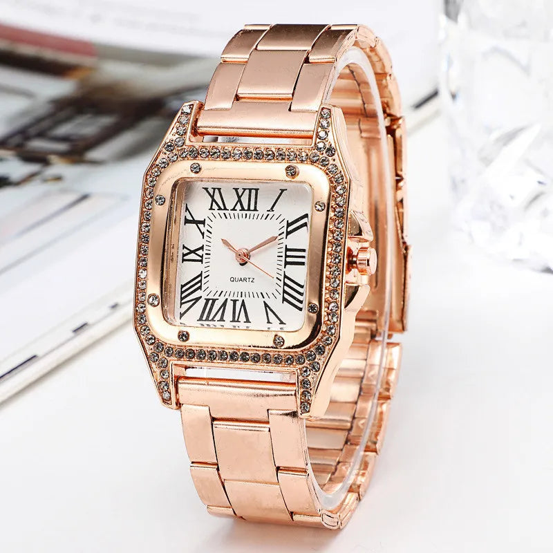 High Quality Fashion Business Ladies Casual Stainless Steel Rose Gold Quartz Watch Student Ladies Square Waterproof Clock Retro Forease