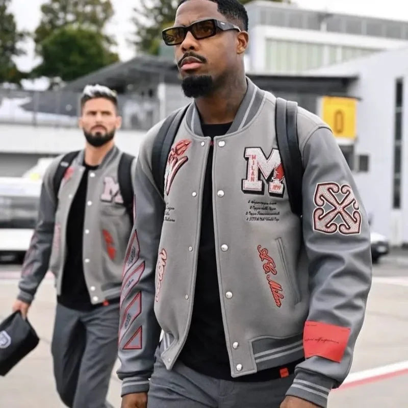 2024 New American Vintage hip-hop letter M embroidered heavy baseball uniform Y2K Streetwear rock loose coat for men and women Forease