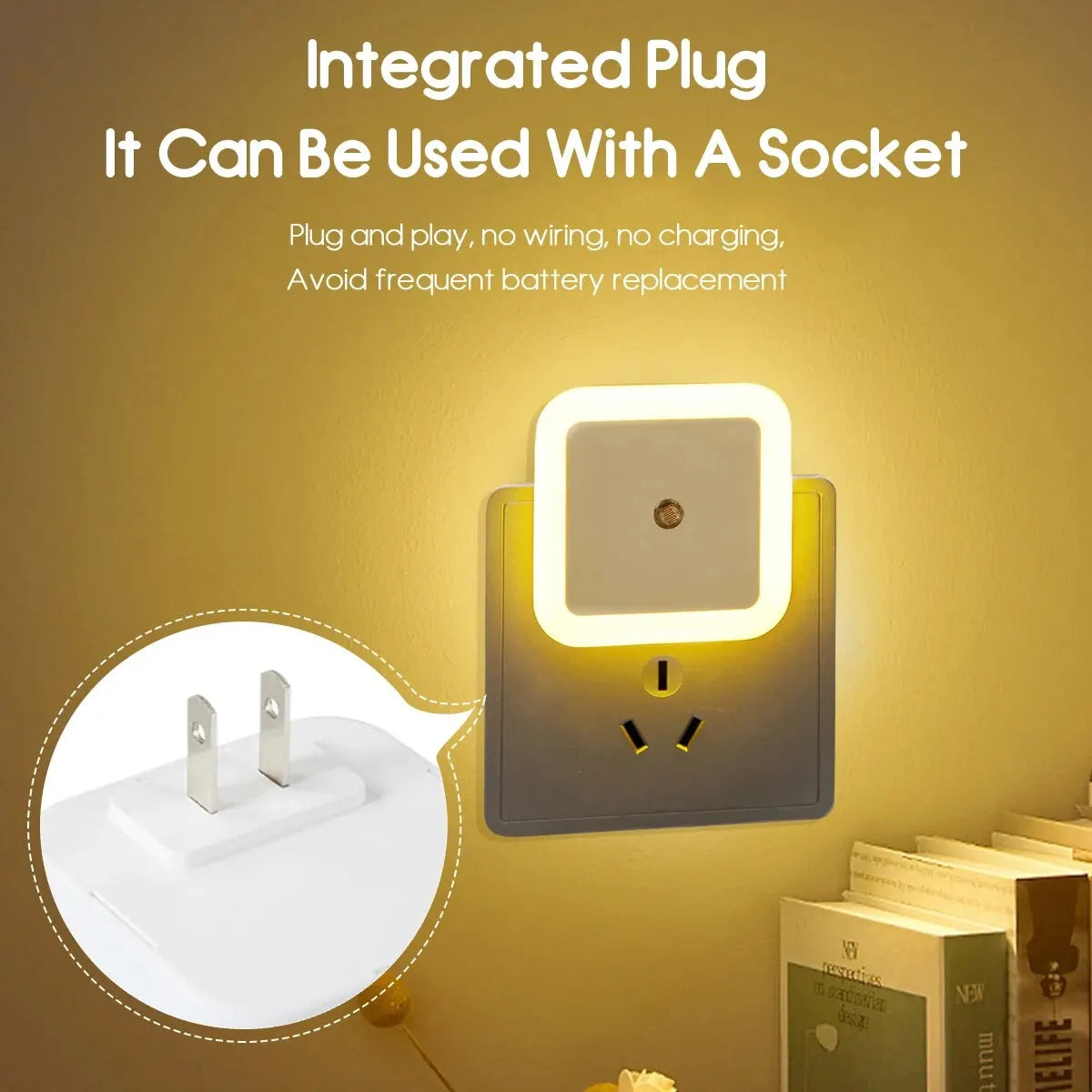 Led Mini Square Intelligent Light Control Induction Plug-In Small Night Light Bedroom Bedside Socket Light Energy-Saving Light Forease