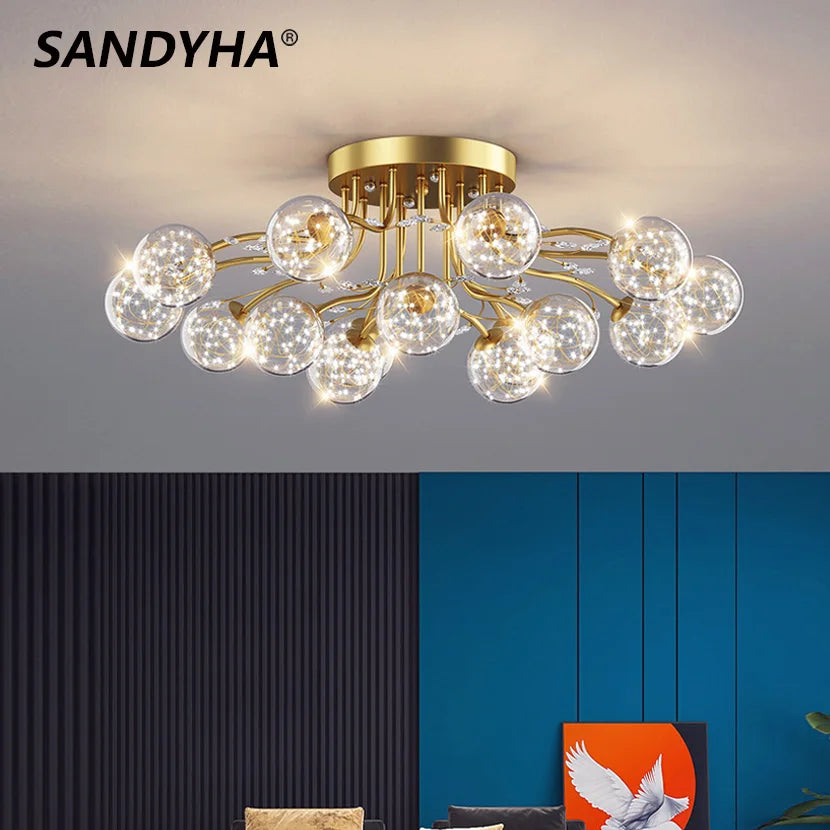 SANDYHA New LED Black Gold Chandeliers Clear Star Milk White Glass Ball Ceiling Lamp with Crystal Live Room Decor Pendant Lights Forease