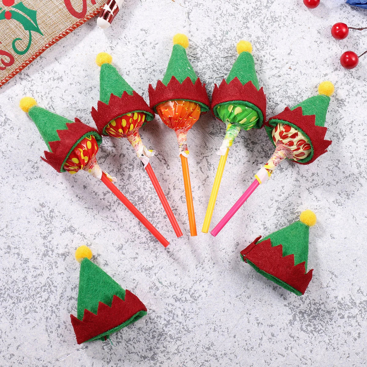 12pcs Mini Christmas Elf Caps Design Lollipop Hats Decor Nonwoven Candy Packing Hats Home Ornament Christmas party supplies 2024 Forease