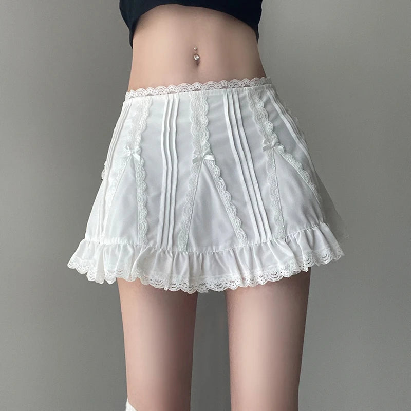 IAMHOTTY Lolita Style Lace Patchwork Bow Cute A-line Mini Skirt Fairycore Aesthetic Shorts Skirts Preppy Style Kawaii Coquette Forease