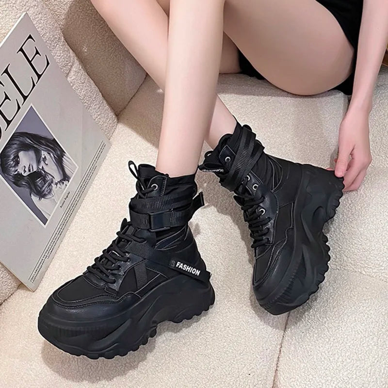 Fashion Women Chunky Platform Motorcycle Boots White Lace Up Thick Bottom Shoes Woman Autumn Winter Ankle Botas De Mujer 2022 Forease