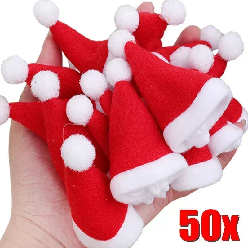 50/1Pcs Mini Santa Hat Non-Woven Fabric Lollipops Caps Christmas Wine Bottle Covers Xmas Bottles Holder Table Dinner Decorations Forease