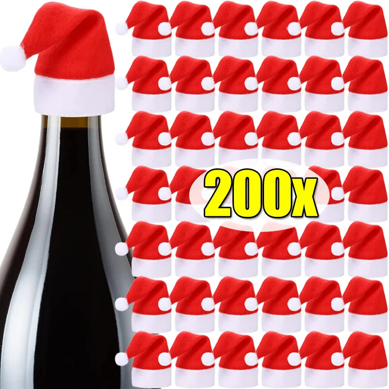 2/200PCS Velvet Mini Santa Hats Wine Bottle Covers Christmas Tableware Holder Lollipop Caps Bottles Bags Xmas Home Party Decor Forease