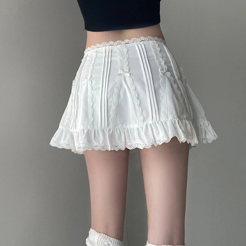 IAMHOTTY Lolita Style Lace Patchwork Bow Cute A-line Mini Skirt Fairycore Aesthetic Shorts Skirts Preppy Style Kawaii Coquette Forease