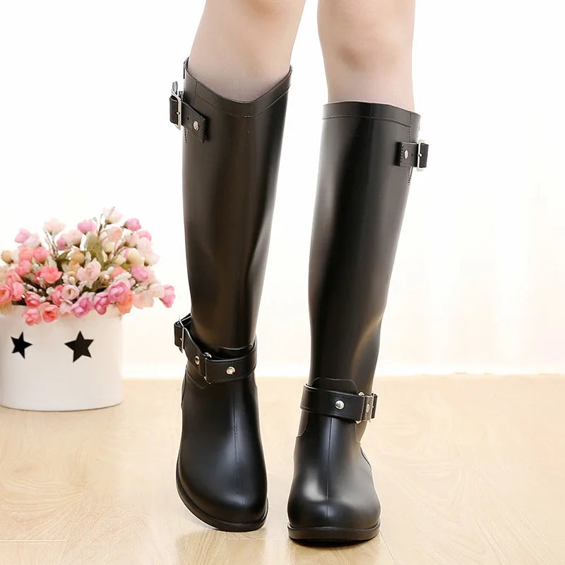 Rubber Boots for Women Waterproof Work Fashion Back Zipper Round Toe High Rain Boots Woman Water Shoes Botas De Caza Espanolas Forease