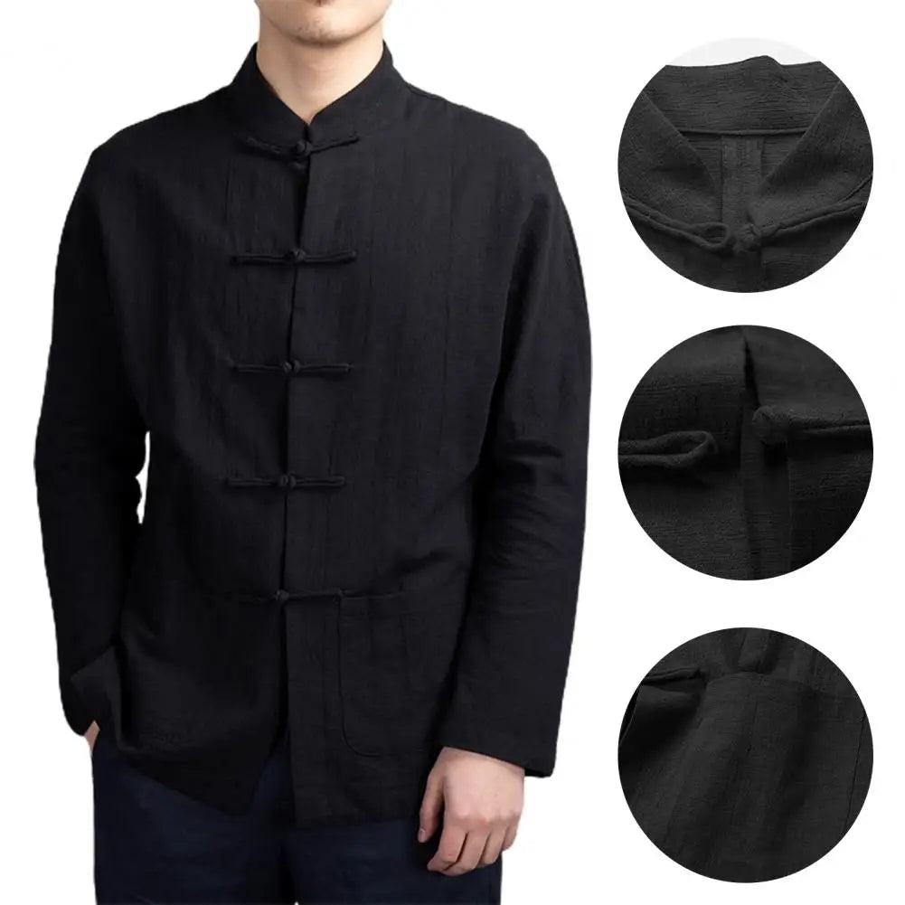 Men Autumn Chinese Style Shirt Top Mandarin Collar Long Sleeve Shirt Traditional Kung Fu Tai Chi Shirt Tang Tops Uniform Forease