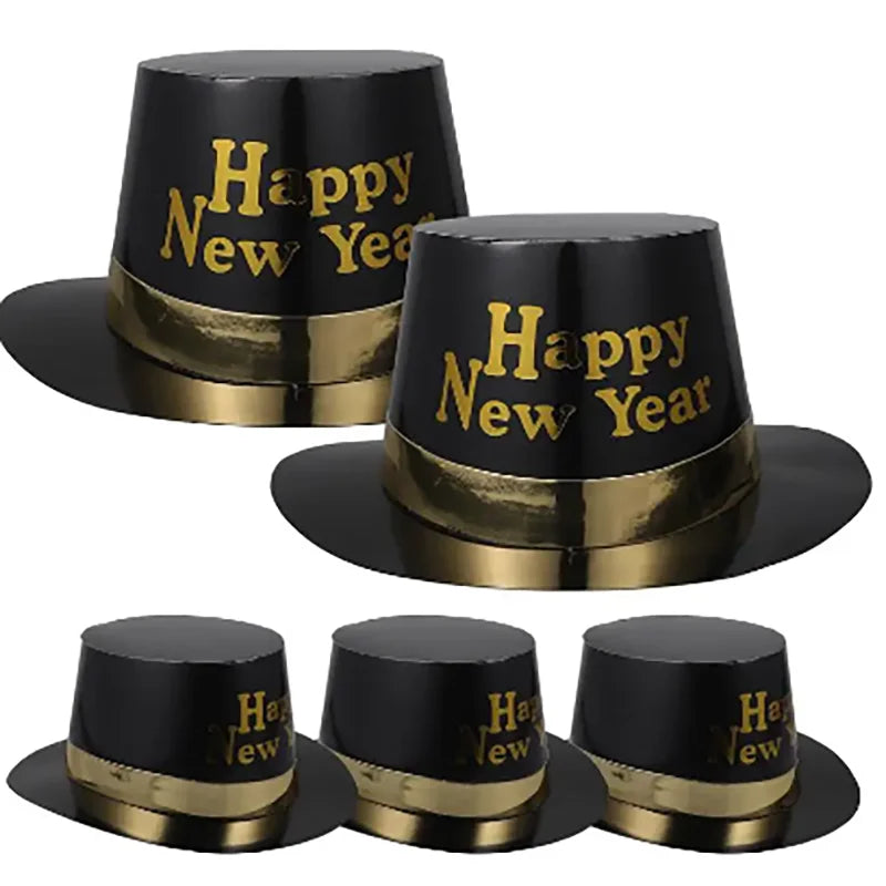 Happy New Year Party Hats Glitter Stage Performance Letter Print Paper Hat Jazz Hat Cap Party Tophat Photo Props 29x25x12.5cm Forease