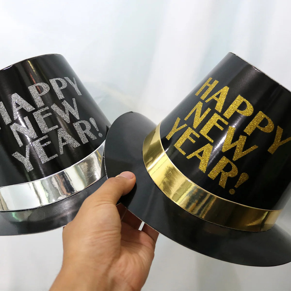 Happy New Year Party Hats Glitter Stage Performance Letter Print Paper Hat Jazz Hat Cap Party Tophat Photo Props 29x25x12.5cm Forease