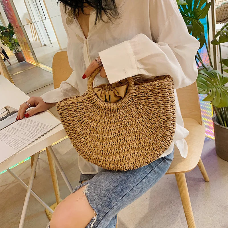 Summer Handmade Bags for Women Beach Weaving Ladies Straw Bag Wrapped Beach Bag Moon shaped Top Handle Handbags Totes Forease