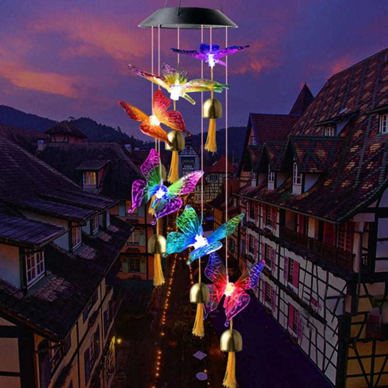 LED Colorful Solar Power Wind Chime Crystal Hummingbird Butterfly Waterproof Outdoor Windchime Solar Light for Garden outdoor Forease