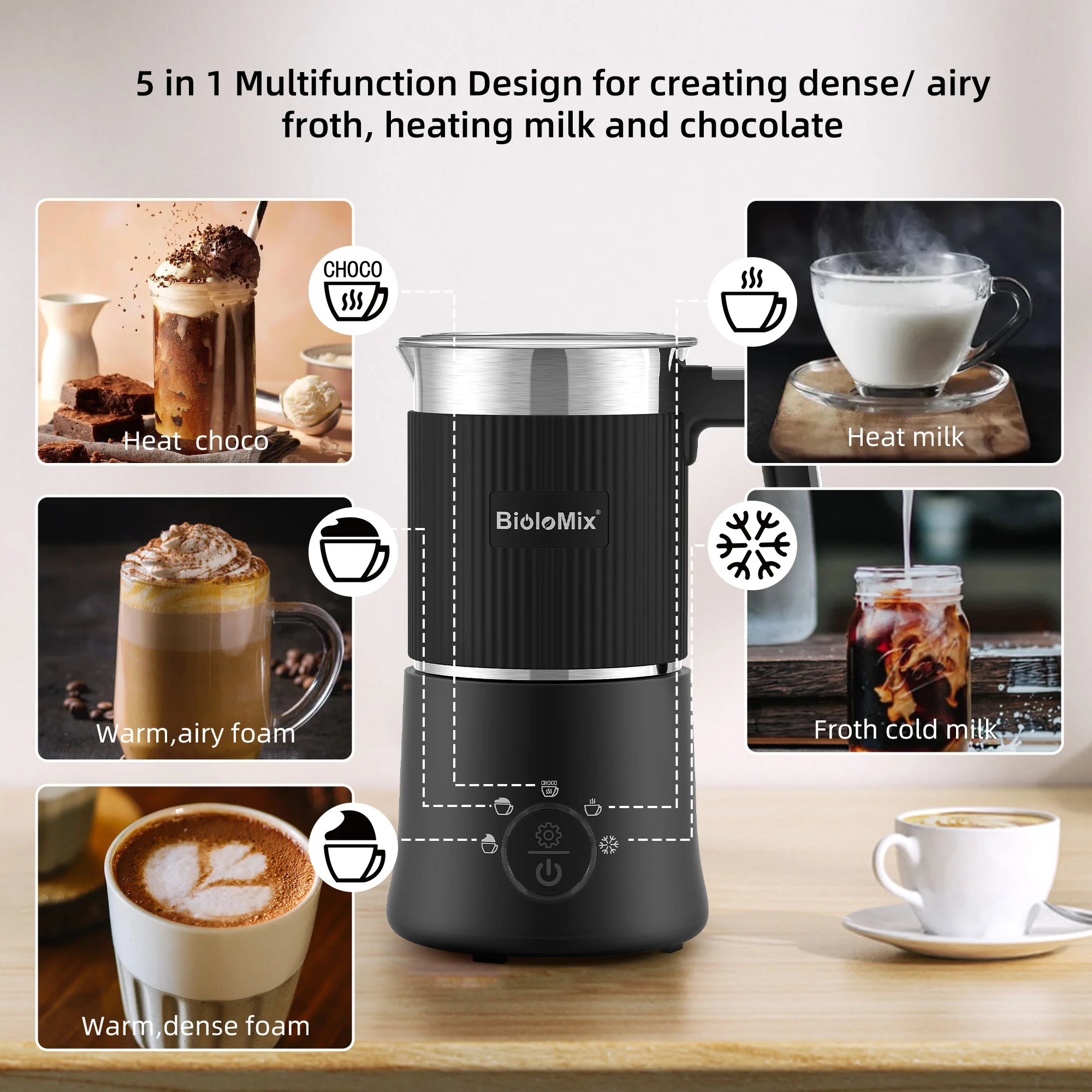 BioloMix Detachable Milk Frother and Steamer,5-in-1 Automatic Hot/Cold Foam and Hot Chocolate Maker,Dishwasher Safe Forease