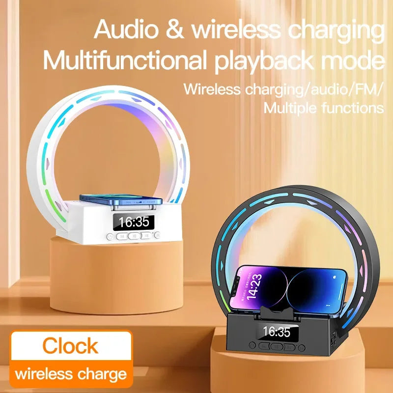 Multifunctional 4-in-1 wireless Bluetooth speaker, charging pad, bedside lamp, and alarm clock with wake-up light for bedroom